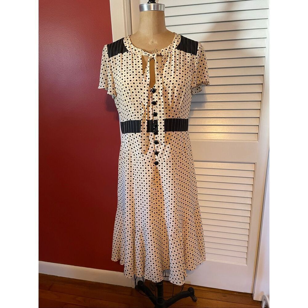 NANETTE LEPORE | button up polka dot cream black silk dress 6
